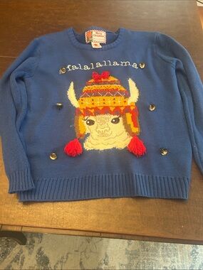 Blue Holiday Sweater with Festive Llama Graphic